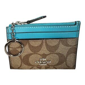 Coach Signature Mini ID Skinny Case Wallet Key Holder Canvas Silver/Khaki/Aqua
